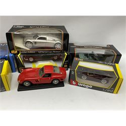Two Maisto 1:18 scale die-cast models of Jaguar XK8 and Audi Supersportwagen 'Rosemeyer'; both boxed; two Bburago 1:24 scale models and two 1:18 scale of a Jaguar Mark II and Bugatti Type 59; all boxed; and Bburago 1:18 scale Ferrari GTO; unboxed (7) 