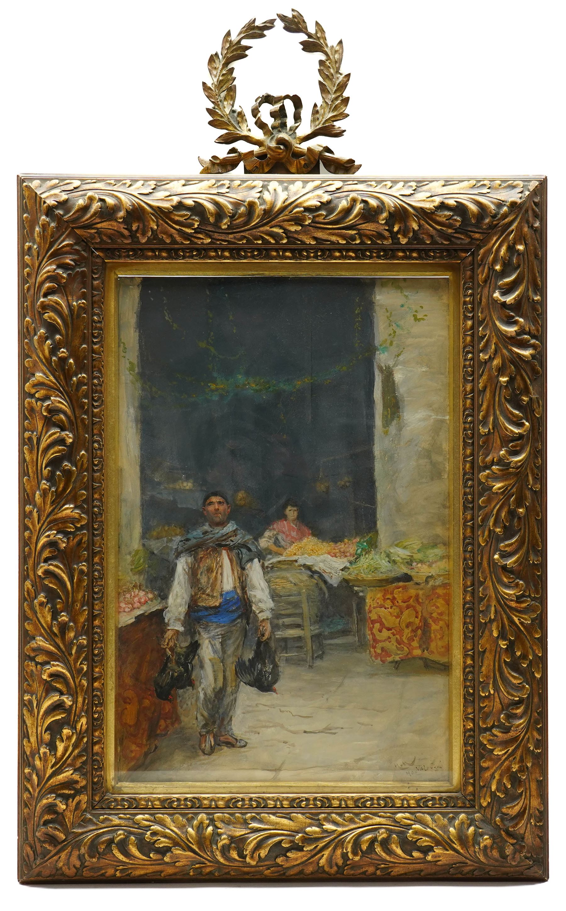 Hubert von Herkomer (Bavarian/British 1849-1941): The Poacher in the Marketplace - 'Valencia', watercolour and gouache signed inscribed and dated 1905, 62 x 40cm 
Provenance: Dicksee & Co., Liverpool, 1907.
