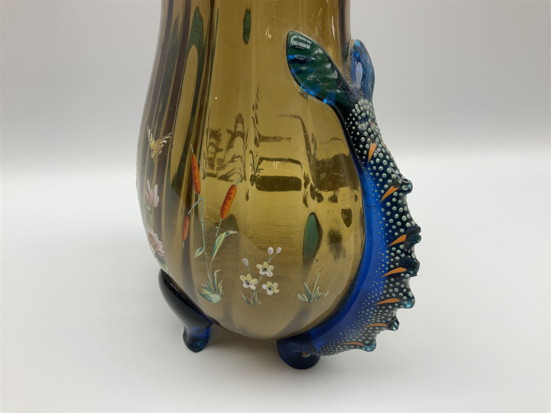 Pair of 19th century glass vases in the style of Auguste Jean, of bulbous form with lobed rim and applied blue glass zoomorphic handles, painted with enamel flowers, dragonflies and swans, upon four blue glass feet, H26cm