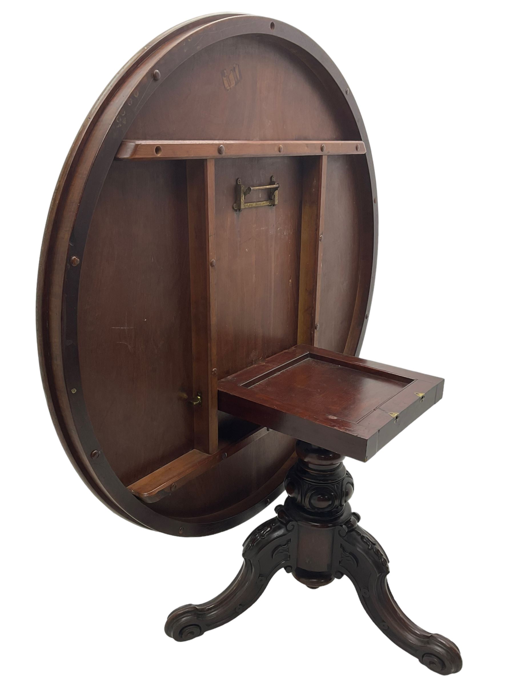Victorian mahogany breakfast table, the circular tilt-top on carved pedestal, three moulded supports carved with bellflowers and scrolled terminals 