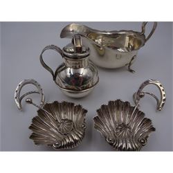 Group of silver, comprising 1930s sauce boat, of typical squat form with shaped rim, upon three pad feet, hallmarked Mappin & Webb Ltd, Birmingham, date letter indistinct, including handle H7cm, novelty Jersey/Guernsey milk can with cover, hallmarks worn and indistinct, H7cm, pair of Edwardian shell salts, with matching spoons, hallmarked Joseph Gloster Ltd, Birmingham 1905 and a pair of Victorian horseshoe place card holders, hallmarked Cornelius Desormeaux Saunders & James Francis Hollings (Frank) Shepherd, Chester 1900