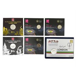 Six coins relating to the London 2012 Olympics, comprising 2012 bid winners coin cover containing 2005 silver Britannia, 2012 Olympics and Paralympics five pound coins and three handover to Rio commemorative two pound coins 