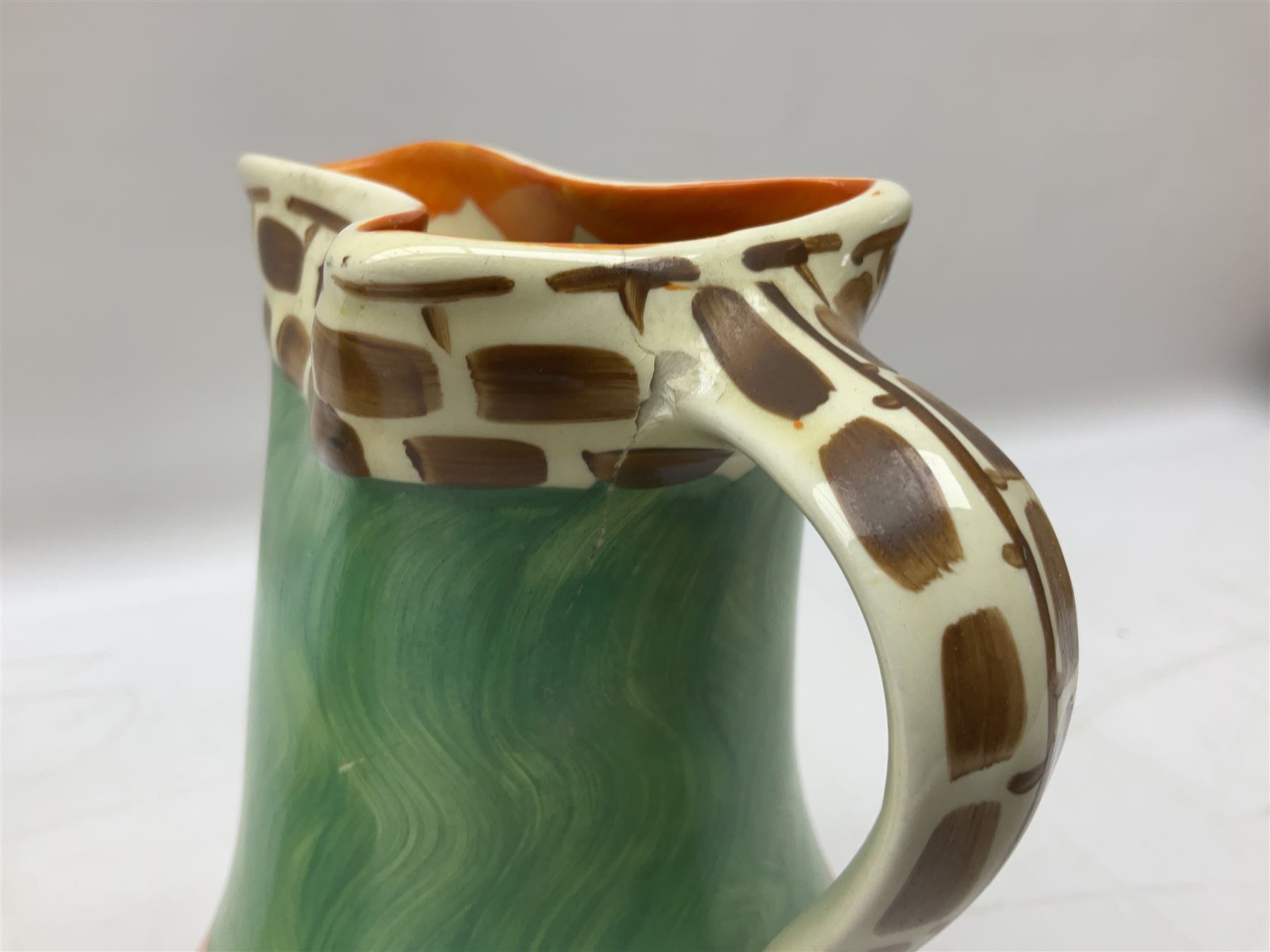 Seven Myott Son & Co hand painted jugs, all with printed mark beneath, H21cm