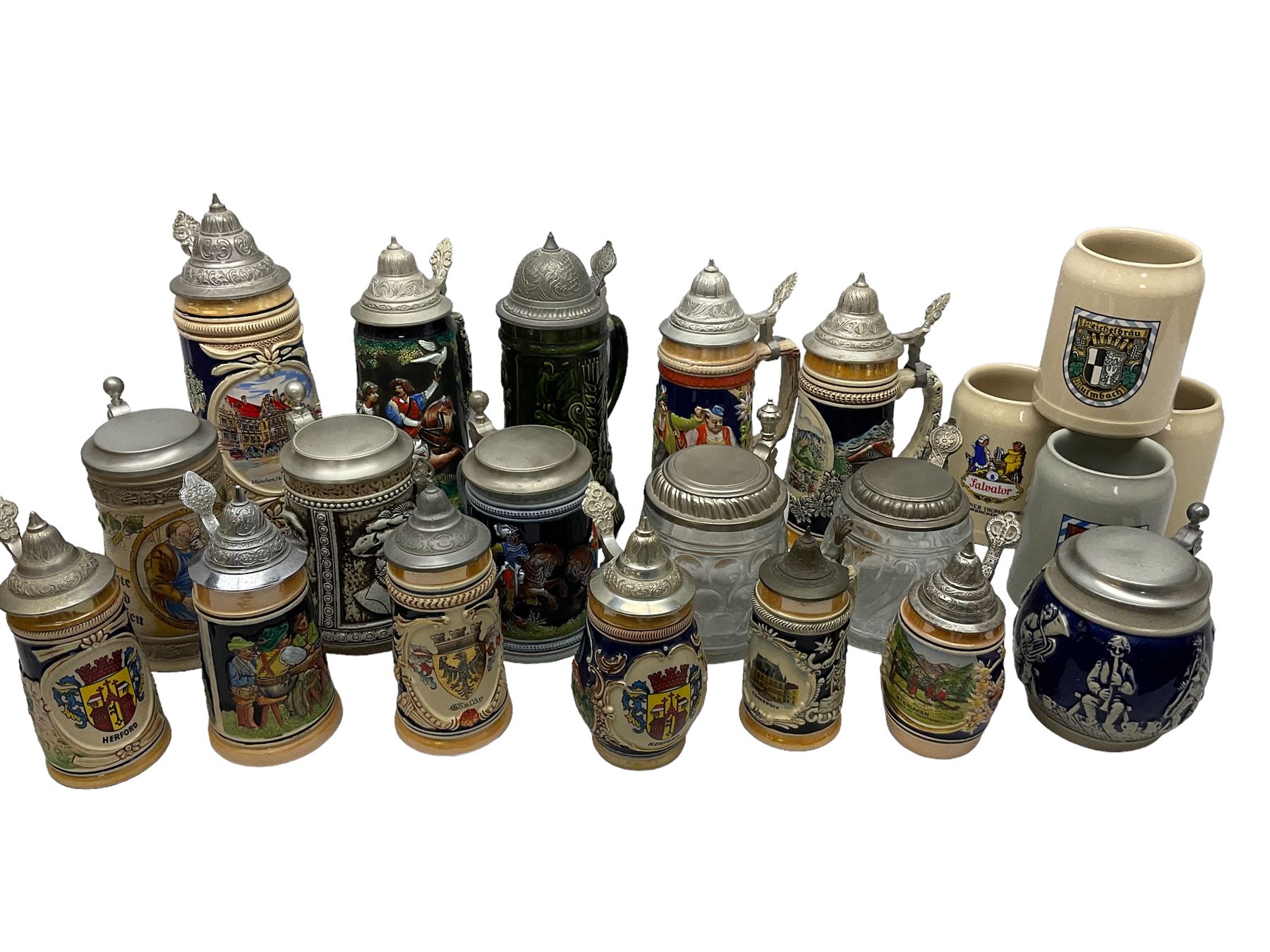 Collection of German steins, to include green majolica BMF example, West Germany examples etc