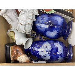 Shelley Maytime pattern sauce boat and saucer, Hornsea vases, blue and white Willow pattern dinner wares and a collection of other ceramics and glassware, in four boxes 