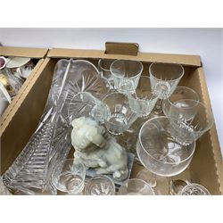 Quantity of ceramics, glassware and misc to include Belleek vase, grey Foo Dog soapstone figure, The Leonardo Collection figure, blue and white teawares, ceramic polychrome Foo dog figure, pair of ewers, tea wares, drinking glasses, etc in four boxes