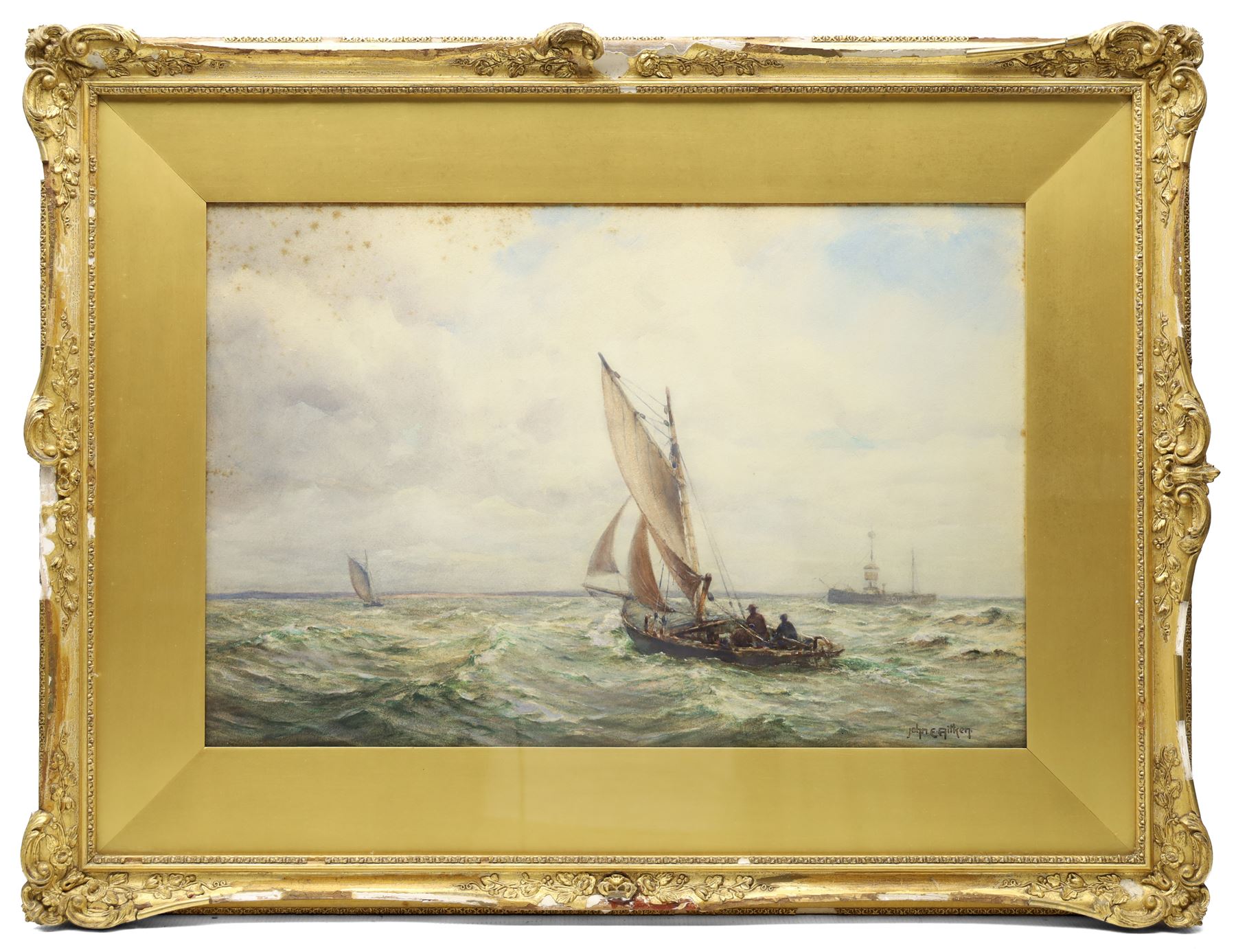 John Ernest Aitken (Scottish 1881-1957): 'Passing the Solway Lightship', watercolour signed, titled on Chas. Rowley and Co 1910 Ltd label verso 33cm x 49.5cm