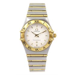Omega Constellation mini ladies quartz stainless steel and 18ct gold bracelet wristwatch, model No. 12623000, serial No. 59895305, boxed with additional links