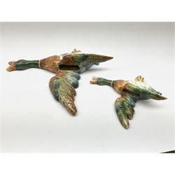 Two Royal Dux wall mounted ducks in flight, both with printed marks verso detailed Made In Czechoslovakia, and impressed marks, largest example L32.5cm, smallest example L21.5cm. 