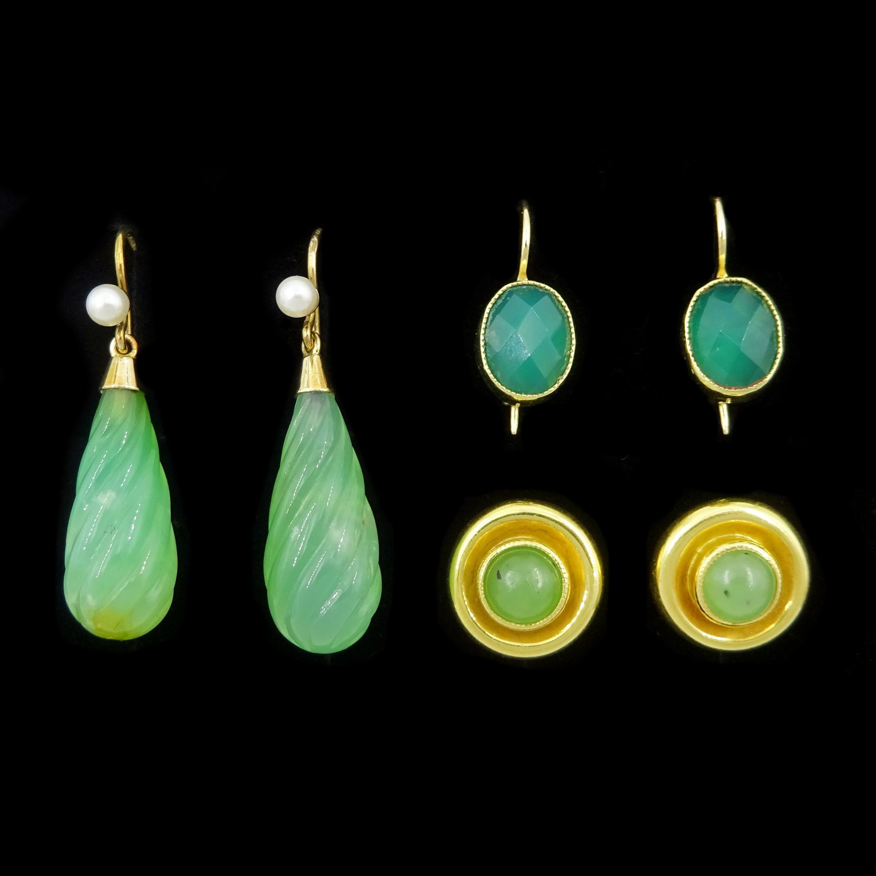 Pair of 18ct gold green stone set circular stud earrings, pair of 14ct gold pendant earrings and one other pair of 9ct gold green stone and pearl pendant earrings
