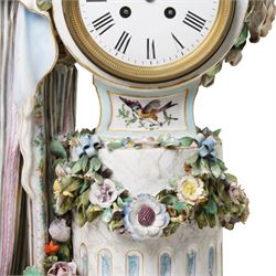 Large19th century  German porcelain mantel clock with white dial and striking movement, the case with a standing figure of Flora resting on a pillar with floral applied decoration, the base painted eith landscape and floral panels on paw feet H77cm W43cm