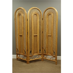  Bamboo and cane three panel screen, W150cm, H156cm   