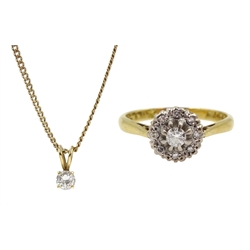 18ct gold diamond cluster ring, London 1973 and an 18ct gold diamond single stone pendant, diamond approx 0.15 carat on 9ct gold chain, tested or hallmarked