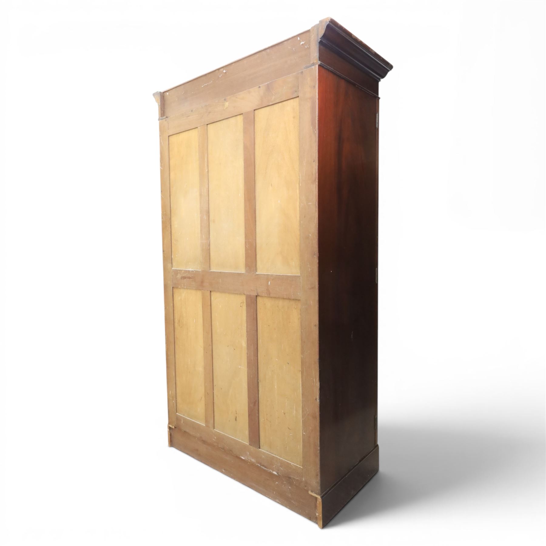 Quality Edwardian mahogany double wardrobe, featuring bevelled mirrored and panelled door with applied moulded detail, internal brass rail hanging and shoe rails
