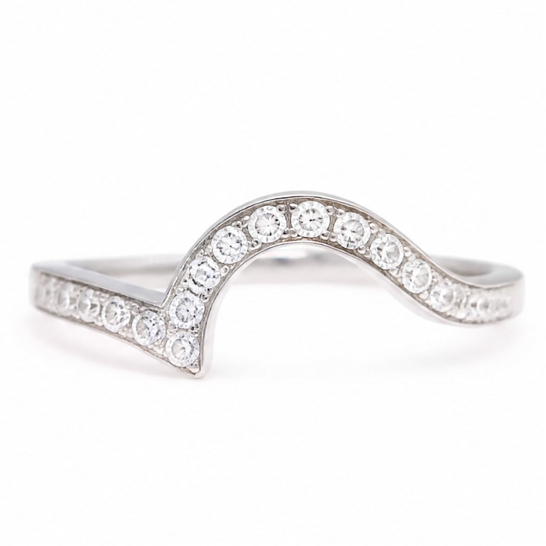 18ct white gold diamond abstract wishbone ring, channel set with twenty round brilliant cut diamonds, hallmarked