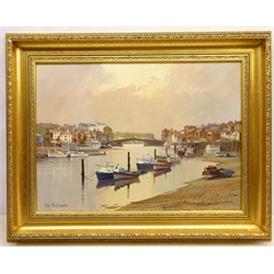  'Yacht Mooring Whitby', oil on canvas signed by Don Micklethwaite, (British 1936-), titled verso 39cm x 54cm  