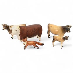 Five Beswick figures, Jersey family group; Bull Ch. Dunsley Coy Boy, model 1422, Cow Ch. Newton Tinkle, model 1345 and Calf, Hereford Bull and Fox 