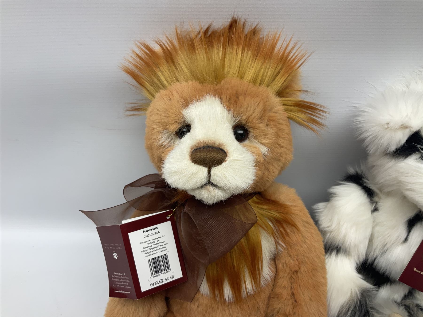 Four Charlie Bears, comprising Geoffrey CB131384, and Hawkins CB202024A, both designed by Isabelle Lee, and Tia CB161507O, and Chequers CB161525O, both designed by Heather Lyell, all with tags 