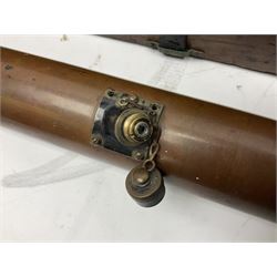Early 20th century brass and black japanned gunsighting telescope inscribed 'G.S. Telescope X8 No.2127 W.G. Pye & Co Cambridge 1918 No.18' with X graticule to lens L53cm; in wooden box marked 'Gunsighting Telescope'