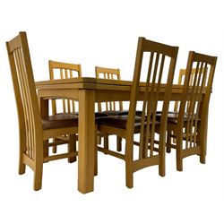 Multi-York - light oak dining table, rectangular draw leaf extending top, on square supports; together with a set of six chairs high back dining chairs with brown leather upholstered seats 