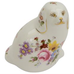 Four Royal Crown Derby paperweights, comprising Large Ram with gold stopper, Penguin with gold stopper, The Spaniel with gold stopper and box and Contented Cat with gold stopper and box   