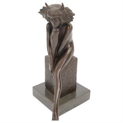 Bronze Taurus figure, modelled as a nude female with horns, signed Pino to base, upon marble plinth, H27cm 