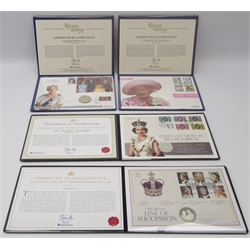  Four silver coin covers 2002 'The Queen Mother' George VI 1937 crown, 2002 'The Queen Mother' silver proof five pounds, 2012 'The Queen's Silver Jubilee' 1977 silver crown and 2013 'The Royal Line of Succession' Cook Islands silver five dollars, all in folders  