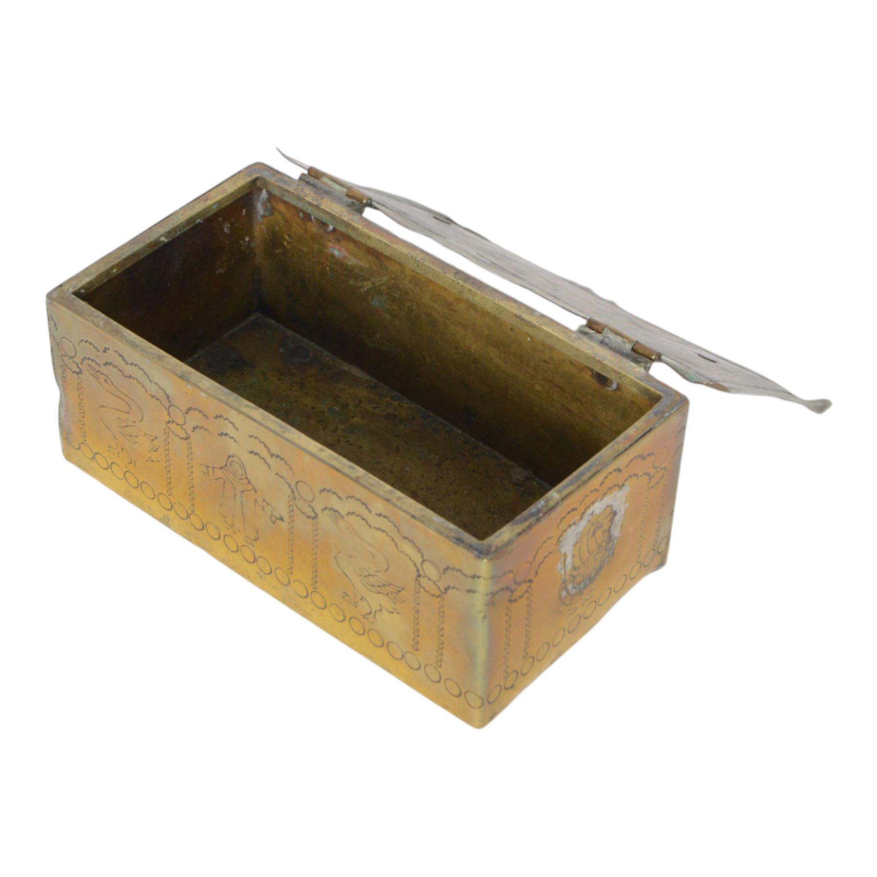 Cheroot holder with 9ct gold collar, silver cheroot holder, two cigar /cigarette cutters, two Victorian copper dishes set with Victorian penny, Otis King calculator and brassware, including folk art box, set of postage scales and Royal commemorative Prince Albert tobacco jar, match holder, etc