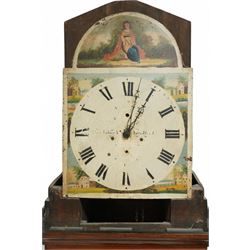 William Brooksbank of Bradford - late oak and mahogany 30-hour 19th century longcase clock c1860, with a swan necked pediment and turned wooden +finial, with a break arch hood door flanked by bobbin turned pilasters, trunk with canted corners and a short trunk door on a broad plinth with banding, painted dial with painted cottages to the spandrels and a depiction of a country girl to the arch, with broad Roman numerals, makers name and stamped brass hands, dial pinned to a chain driven countwheel movement striking the hours on a bell. With weight and pendulum.
William Brooksbank is recorded as working from Market Street, Bradford, 1837-71.