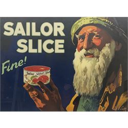 After Septimus Edwin Scott (British 1879-1965): 'Sailor Salmon Slice - Fine!' Tinned Fish held by Fisherman, original vintage advertising lithograph poster pub. England c.1930, 74cm x 100cm