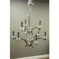  Large contemporary nine branch two tier chandelier, the faceted stem having square shaped chrome branches, H89cm x W78cm excluding fitting  