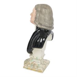 19th century Staffordshire Enoch Wood pottery bust, The Reverend John Wesley, mounted on a shaped marbleised plinth, with inset plaque to reverse, H30cm