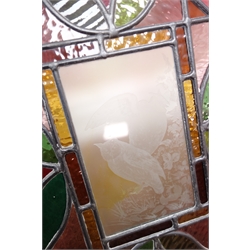  Ten Victorian stained glass panels each having a rectangular frosted glass plate engraved with etched bird design, comprising a Bittern, Chaffinch, Jay, Kingfisher, Linnets, Owl, Pelican, Sandpiper, Skylark & Vulture, 36cm x 44cm and 60cm x 38cm (10)  