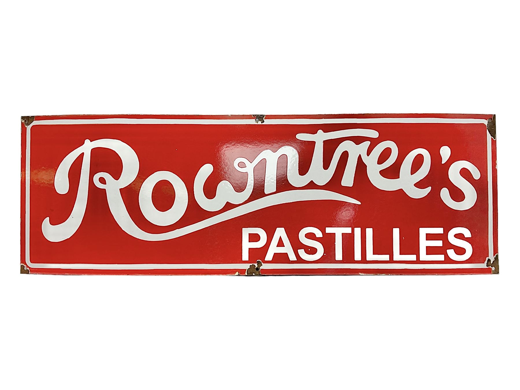 Rowntree's enamel advertising sign, 'Rowntree's Pastilles' white writing on a red ground, H30cm, L92cm