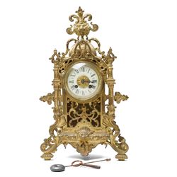 Early 20th century brass mantle clock with white dial and bell strike H42cm
