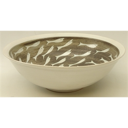  Studio pottery bowl by Neil Tregear in the Whitebait pattern, D34cm   