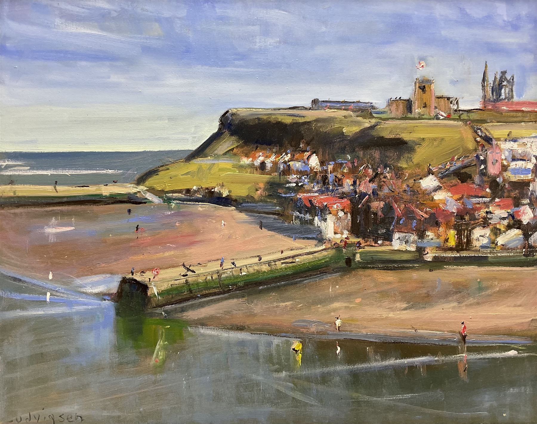 Malcolm Ludvigsen (British 1946-): 'Whitby' East Cliff, oil on canvas signed, titled and dated March 31 (Easter) 2013 verso 60cm x 75cm