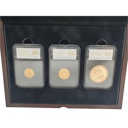 The 'Bicentenary Fractional Sovereign Set', comprising George III 1817 gold half sovereign, Queen Elizabeth II 1957 gold full sovereign and 2017 gold quintuple sovereign, cased