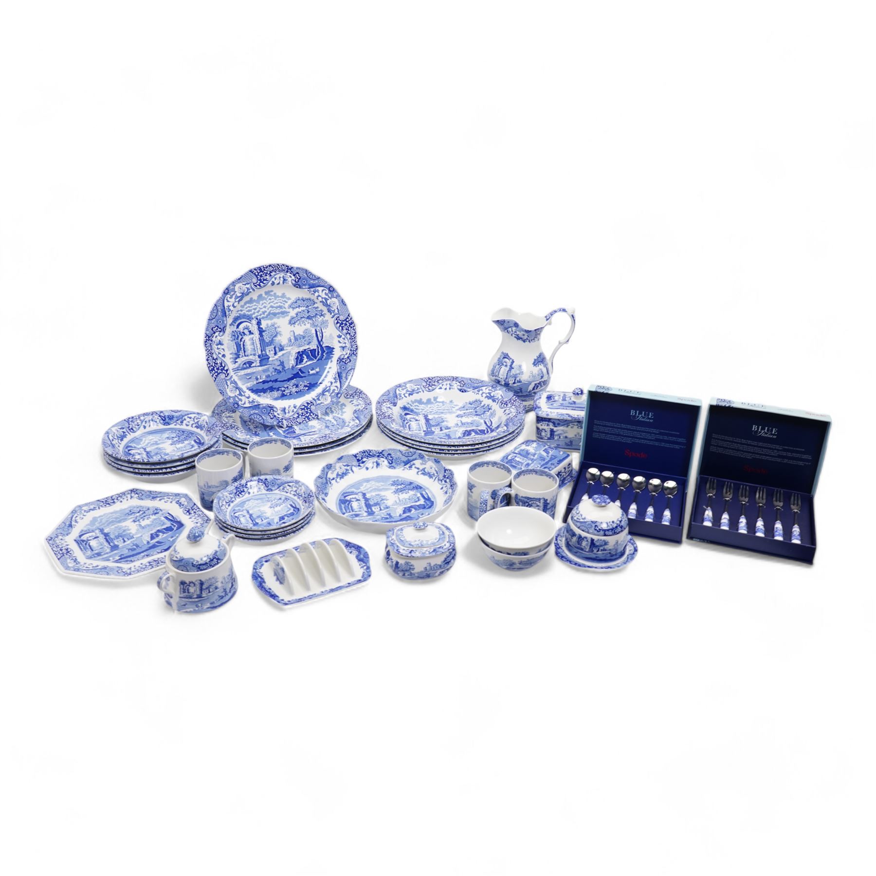 Copeland Spode Italian tableware to include four large bowls, jug, octagonal plate, four other larger plates, ten bowls of various sizes, butter dish, preserve jar, toast rack, set of six teaspoons and six pastry forks etc, all with black backstamps 