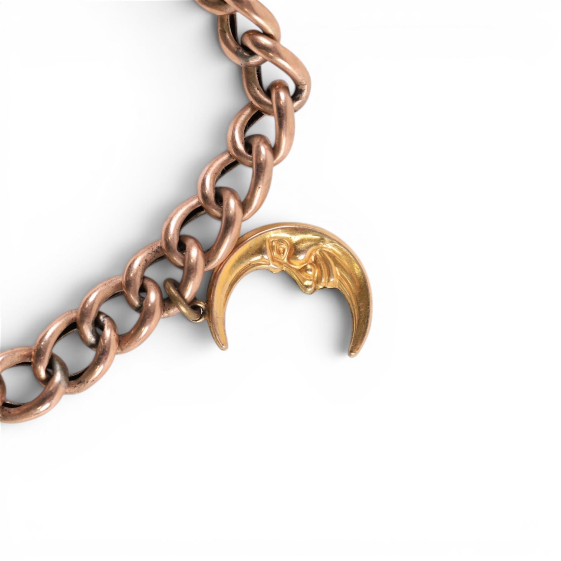9ct gold curb link bracelet with heart padlock clasp, hallmarked, with gold imp and orb charm and two gilt charms