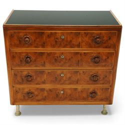 Mid-20th century walnut chest, black glass top over four drawers, figured walnut veneer th...