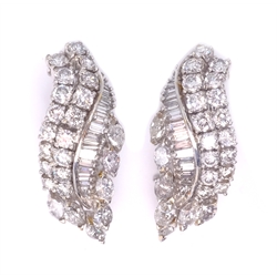  Pair of wave shaped diamond 18ct white gold ear-rings, baguette and marquise diamonds, total approx 5.6 carat stamped 750  