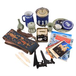 Collection of Wedgwood Jasperware, including a biscuit barrel on bun feet, together with 1...