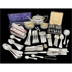 Mother of Pearl handled cutlery, with silver ferrules, comprising six fish knives and forks and six fruit knives and forks, the ferrules hallmarked Yates Brothers, Sheffield 1905, together with silver plated Edwardian three piece tea service and other flatware 