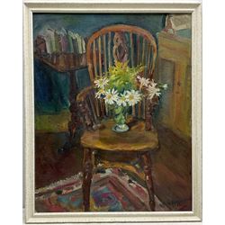 Attrib. Mikhail Petrovic Konchalovsky (Russian 1906-2000): Still Life Windsor chair with Vase of Flowers, oil on canvas laid on board signed and dated 1954, 56cm x 44cm
