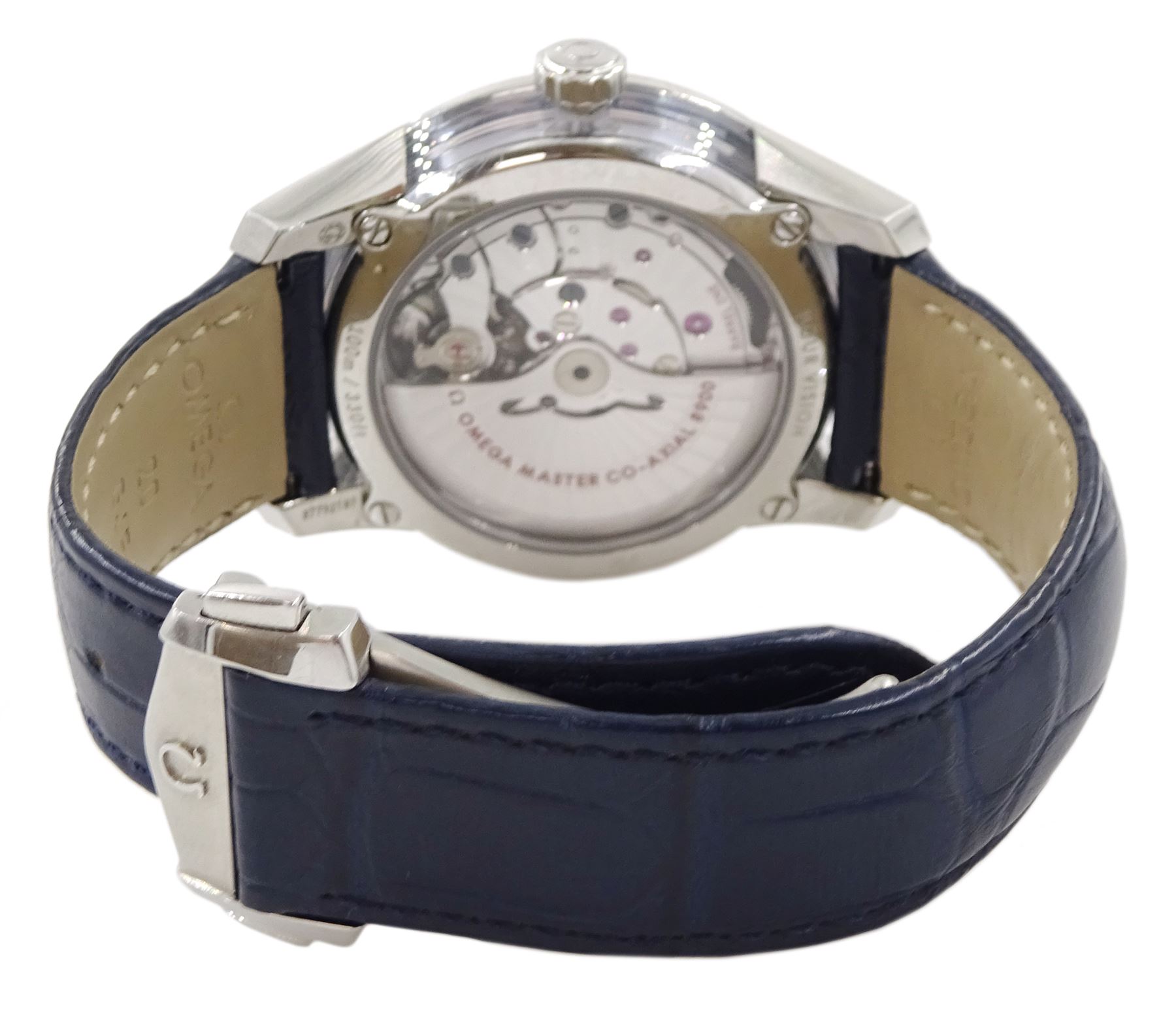 Omega De Ville Hour Vision gentleman's stainless steel automatic wristwatch, Cal. 8900, Ref. 433.33.41.21.03.001, serial No. 87712187, blue dial with date aperture, on original blue leather strap and stainless steel foldover clasp, boxed with papers and warranty card dated 2020