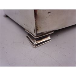 1920s silver mounted presentation cigarette box, of rectangular form, with engraved initials J.W.J and dated 1902-1927 to slightly domed hinged cover, opening to reveal compartmentalised softwood interior, upon four bracket feet, hallmarked Birmingham 1920, maker's mark worn and indistinct, H9cm, W23cm, reputedly given to John William Johnson, father of Amy Johnson,  famous for being the first long distance (to Australia) solo female pilot, and first female British grounds engineer, for his silver wedding anniversary
