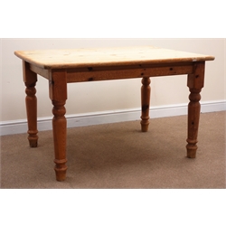  Rectangular farmhouse style pine table, turned supports W92cm, H75cm, D122cm  