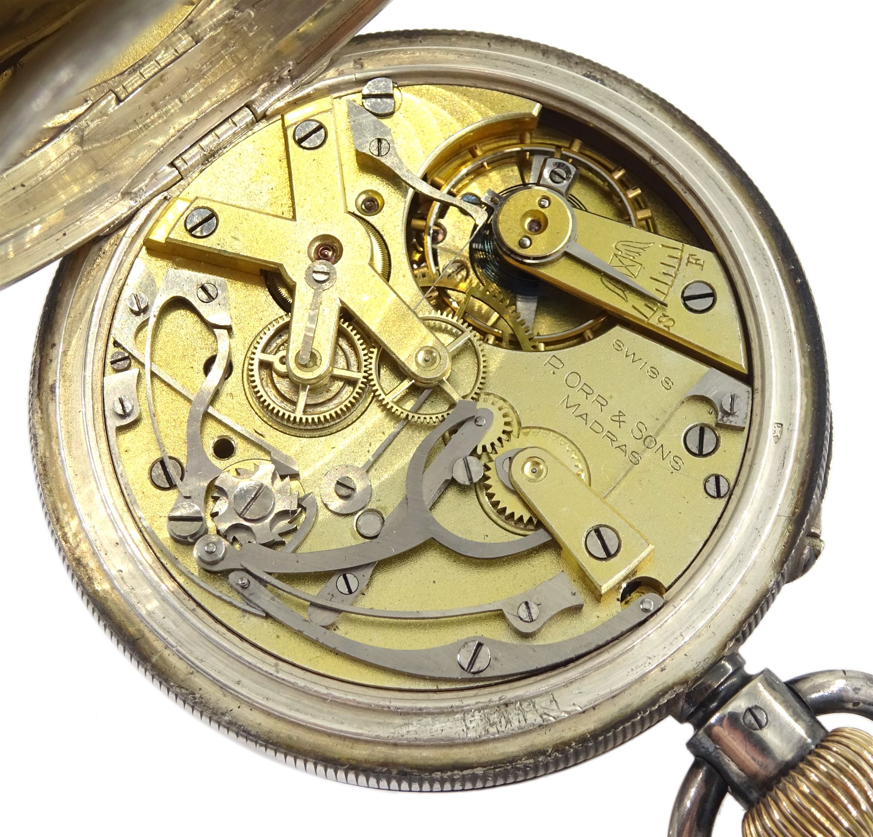 19th century Swiss silver open face keyless chronograph pocket watch by P. Orr & Sons, Madras, white enamel dial with Roman numerals, centre seconds and thirty minute recording dial, over constant seconds outer minute ring, case No. 647576, Swiss hallmarks