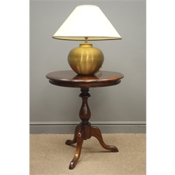  Mahogany pedestal table, turned column, three splayed supports, (D60cm, H67cm) with brass effect spun metal lamp (This item is PAT tested - 5 day warranty from date of sale)  